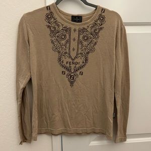 Vintage Fendi Jeans Women’s Longsleeve shirt, tan logo